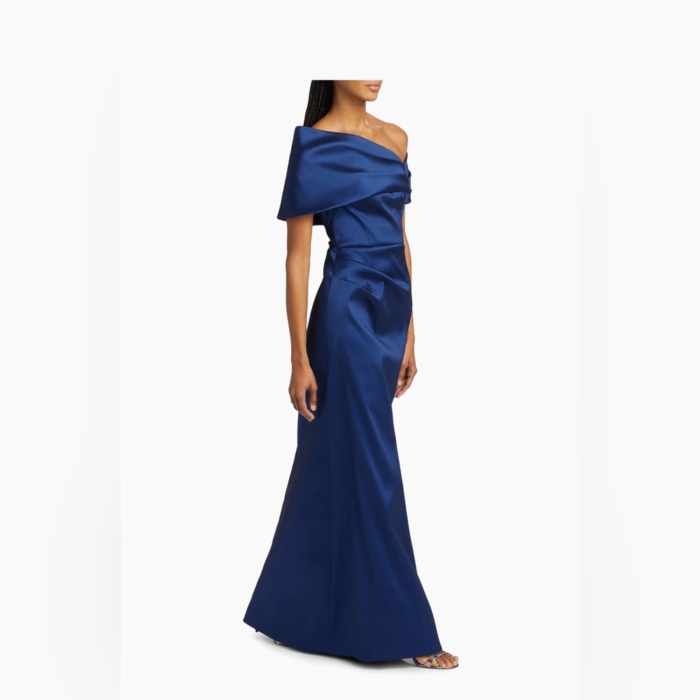 $920 Teri Jon Asymmetrical Stretch Mikado Off-The-Shoulder Gown size 8